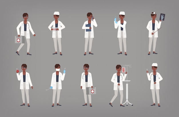 アフリカ系アメリカ人の女性医師 医師または外科医が様々な位置に立っているのセットです 医療機器を保持している白衣 の黒人女性のバンドル フラット漫画のカラフルなイラスト プレミアムベクター