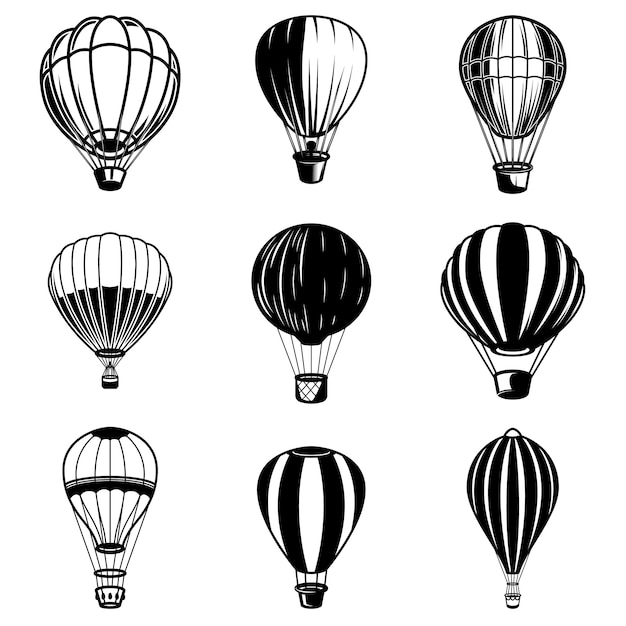 気球のイラストのセットです ロゴ ラベル エンブレム 記号の要素 画像 プレミアムベクター