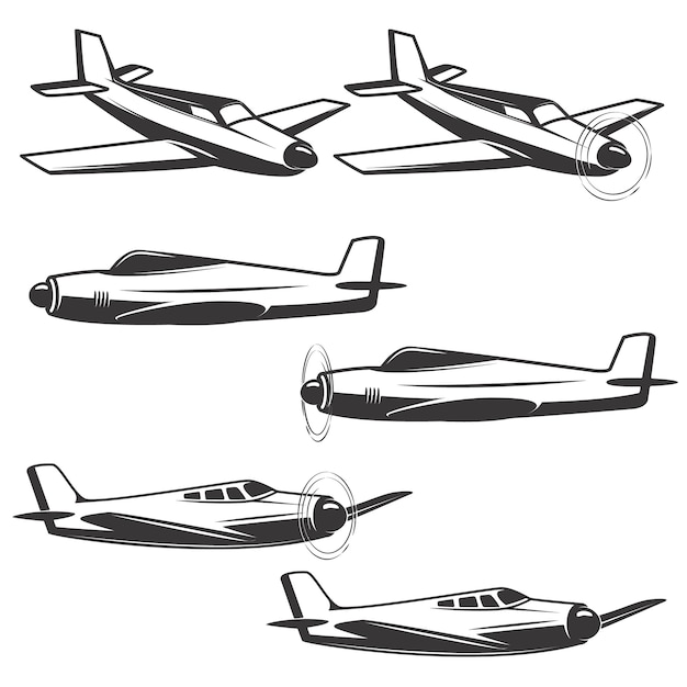 白い背景の上の飛行機アイコンのセットです ロゴ ラベル エンブレム 記号の要素 プレミアムベクター