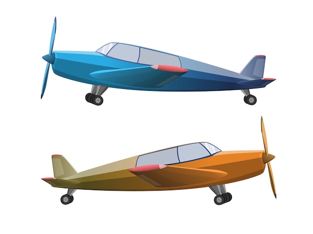 白い背景の上の漫画のスタイルで飛行機のセットです 農業用プロペラ飛行機 イラスト プレミアムベクター