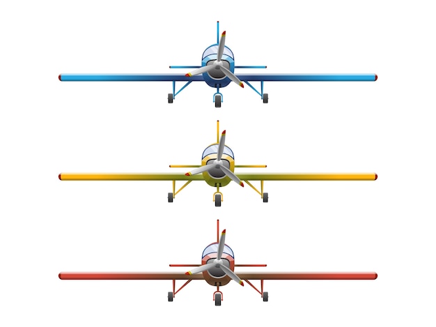 白い背景の上の漫画のスタイルで飛行機のセットです 農業用プロペラ飛行機 イラスト プレミアムベクター