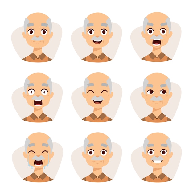 プレミアムベクター 老人感情シンプルなフラットデザインイラストおじいちゃんのセットです