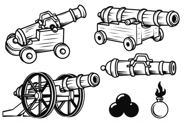 プレミアムベクター 古代大砲のイラストのセットです ロゴ ラベル エンブレム 記号 バッジの要素 図
