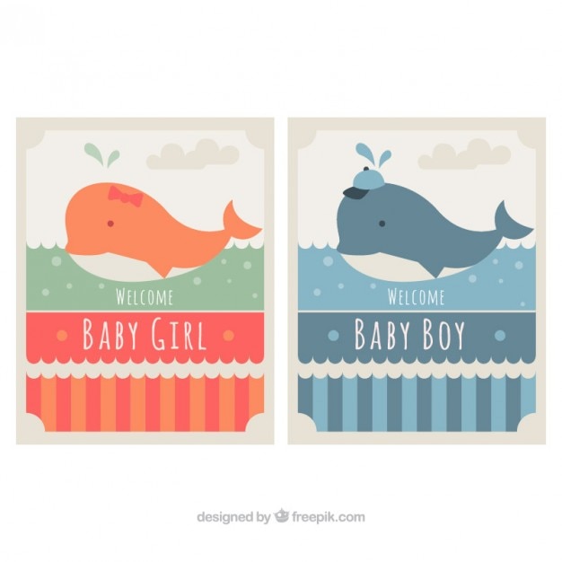 Set of baby shower cards with lovely\
whales