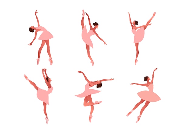 トウシューズのイラストで踊るバレリーナのセット クラシックバレエの美しさ チュチュを身に着けている若い優雅な女性のバレエダンサー パフォーマンス パステルカラー プレミアムベクター