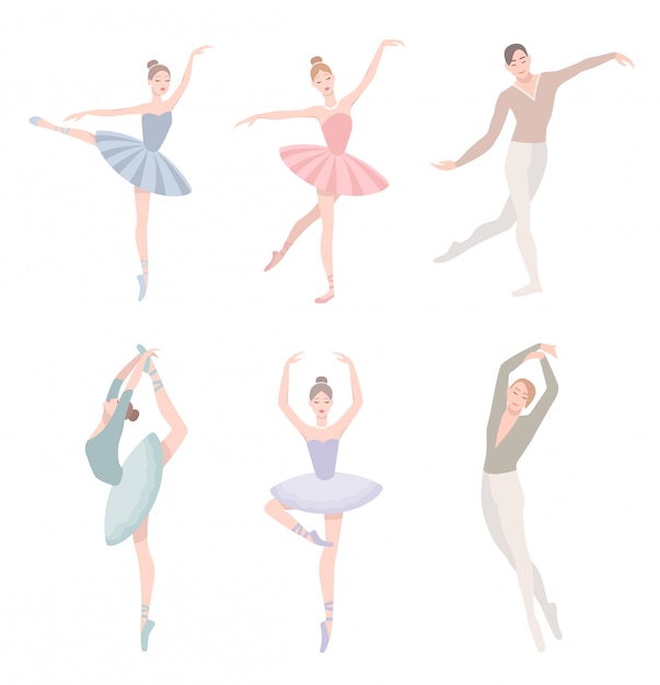 バレエダンサーのセットです フラットスタイルのイラスト 女の子とチュチュドレスの男 別の振り付けの位置のコレクション プレミアムベクター