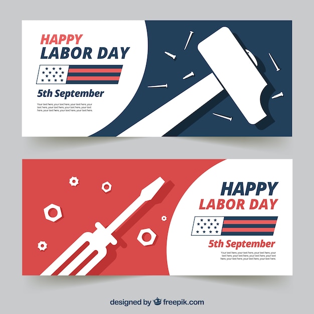 Set of banners for labor day with hammer and\
screwdriver