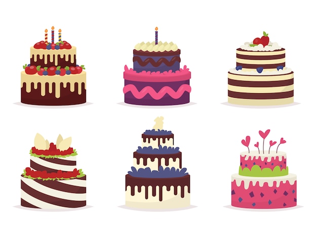 誕生日 結婚式 記念日 その他のお祝いのための美しいケーキのセット のイラスト プレミアムベクター