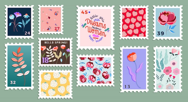 美しい手描きの郵便切手のセットです 現代のさまざまな郵便切手 花の郵便切手 メールと郵便局の概念図 プレミアムベクター