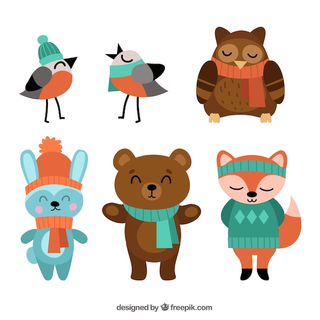 Set of birds and nice forest animals wearing winter clothes Vector ...