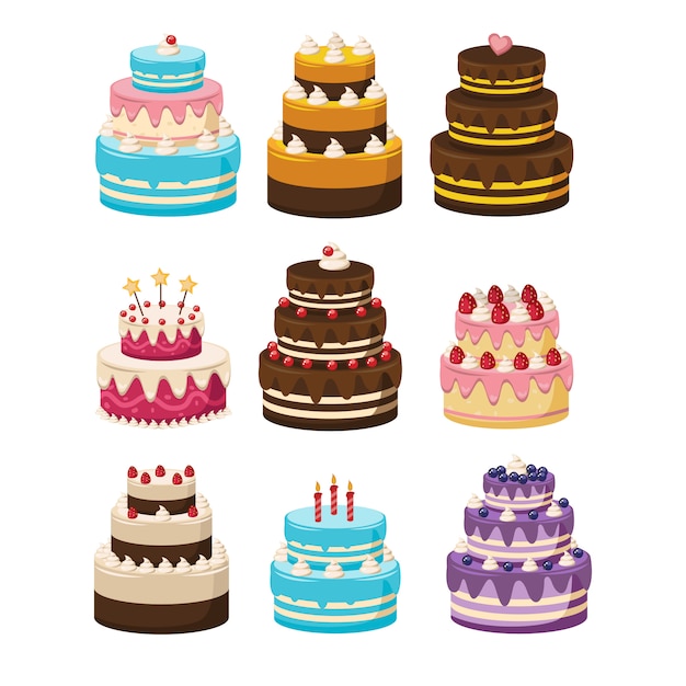 誕生日cakes Cakesコレクションのセット 白で隔離され 美しく かわいいケーキのさまざまな種類の漫画イラスト プレミアムベクター