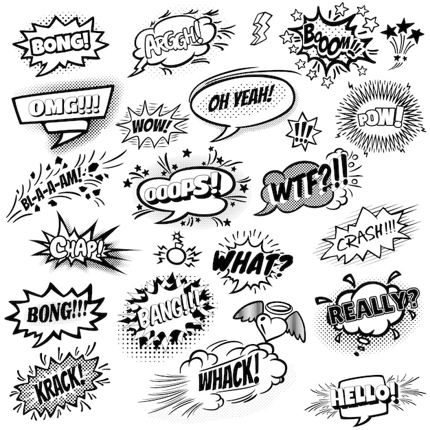 set of black and white comic speech bubbles vector  free