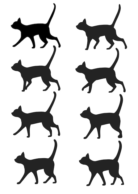 黒い猫シルエットアイコンコレクションのセットです 黒い猫は歩行アニメーションプリセットのポーズをとります 白い背景の上の図 プレミアムベクター