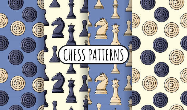 プレミアムベクター 黒のチェスのセットシームレスパターン チェスの壁紙のコレクション ベクトルフラット図