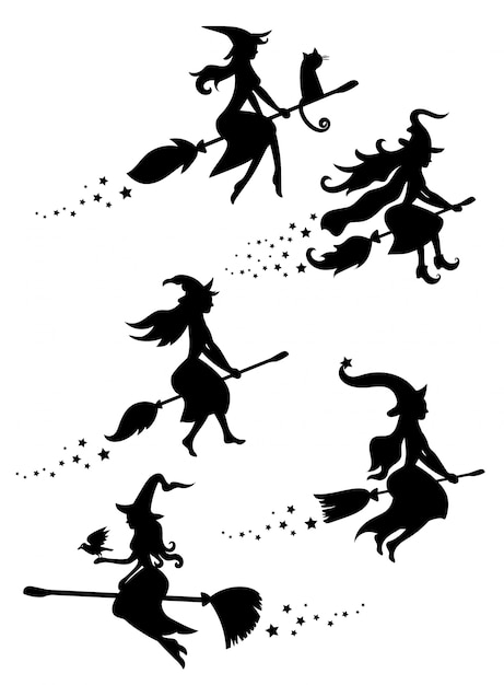 ほうきで飛ぶ魔女の黒いシルエットのセット ハロウィーンのシルエットのコレクション 神秘的なイラスト 魔女の概要 プレミアムベクター