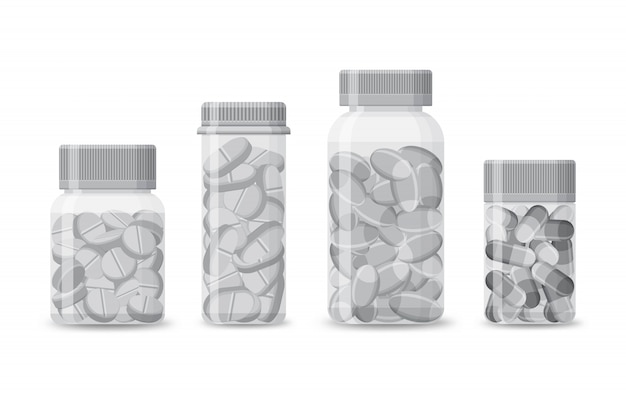 白い背景で隔離の薬と一緒に空のボトルのセット 錠剤やカプセルで包装された現実的な医療製品 薬局用プラスチックチューブ 図 プレミアムベクター