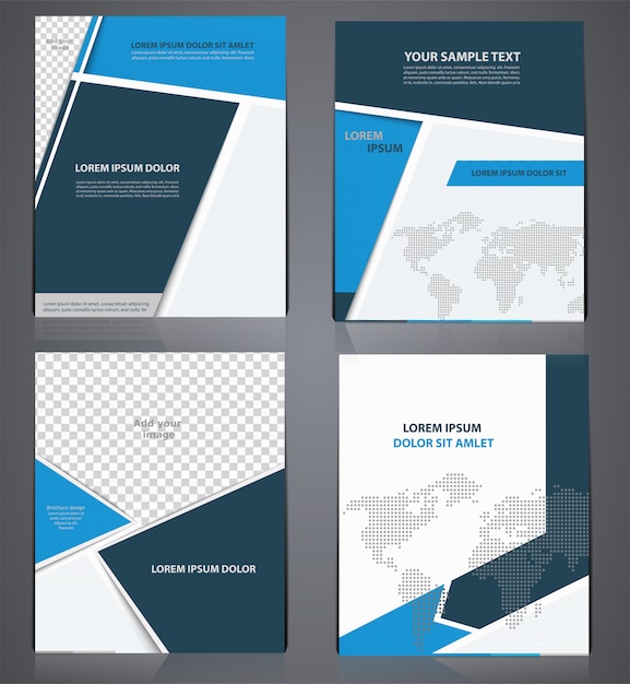ピクセル世界地図 サイズのチラシデザインテンプレート または雑誌の表紙の1つのスタイルで青いビジネスパンフレットのセット プレミアムベクター