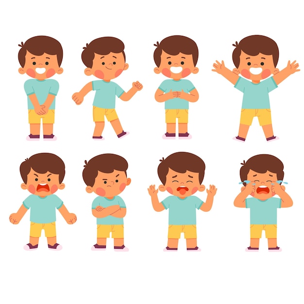 男の子 子供 子キャラクター顔表情イラストのセット プレミアムベクター