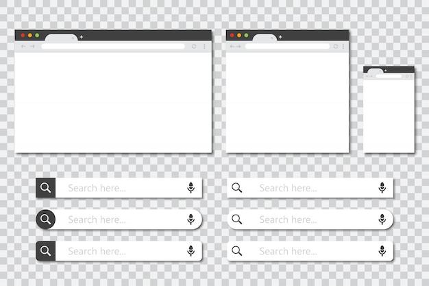 さまざまなサイズのブラウザーウィンドウと影付きのフラットデザインの検索バーコレクションのセット ブラウザウィンドウのモックアップ プレミアムベクター