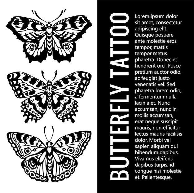 バタフライシルエットのセット タトゥー蝶 熱帯の蝶 美しいの神秘的なシンボル ヴィンテージのイラスト プレミアムベクター