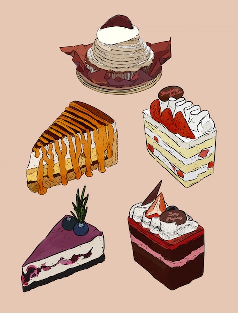 ケーキ モンブラン Banoffee ストロベリーフレッシュクリームレイヤーケーキ ブルーベリーチーズケーキ チョコレートベリーケーキのセットです 手描きのスケッチのベクトル プレミアムベクター