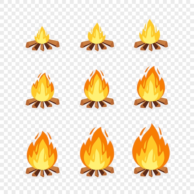 アニメーションのキャンプファイヤースプライトのセット 漫画イラストたき火燃焼フレーム 爆発 トーチ 炎 透明な背景にゲームデザインのキャンプファイヤー プレミアムベクター