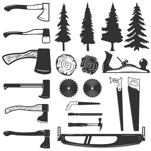 大工道具 木や木のアイコンのセットです ロゴ ラベル エンブレム 記号の要素 図 プレミアムベクター