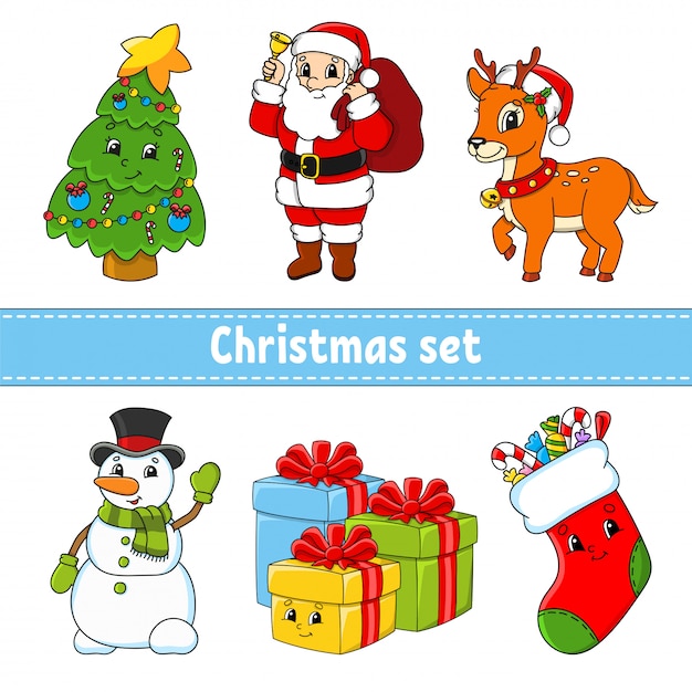 漫画のキャラクターのセット クリスマスツリー サンタクロース 鹿 雪だるま ギフトボックス お菓子と靴下 明けましておめでとうございます メリークリスマス プレミアムベクター