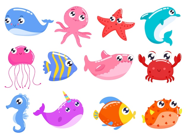 漫画のカラフルなかわいい海の動物のセットです 平らなイラスト プレミアムベクター