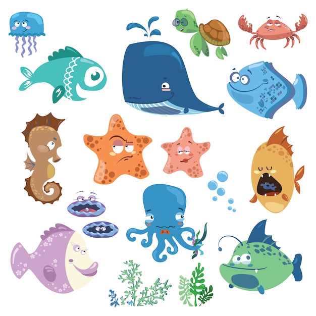 漫画の魚のセットです 面白い赤ちゃん魚のコレクション 海洋居住者のイラスト プレミアムベクター