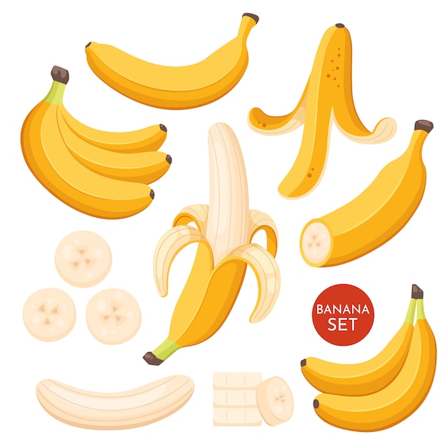 漫画イラスト黄色のバナナのセットです 単一のバナナの皮と新鮮なバナナ果実の房 プレミアムベクター