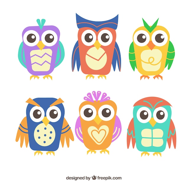 Set of cartoon owls with big eyes Vector | Free Download