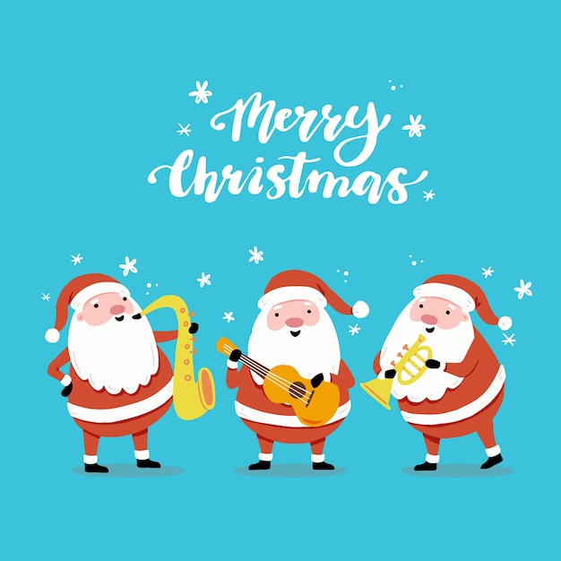 クリスマスバナー グリーティングカードのイラストの楽器とさまざまなポーズで漫画サンタクロースのセット サンタキャラクターコレクション プレミアムベクター