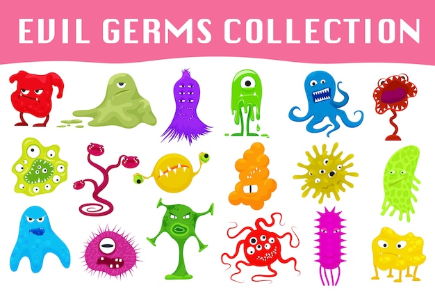 漫画スタイルの怒っている細菌 ウイルス 微生物 モンスターのイラストのセット プレミアムベクター
