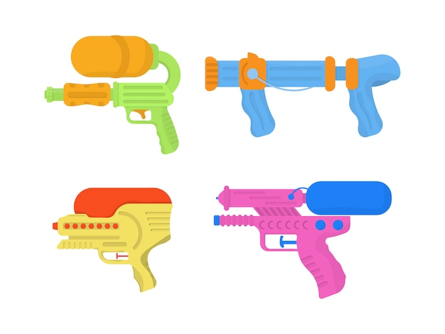 楽しい子供のための漫画おもちゃの水鉄砲のセットです 明るいマルチカラーの子供のアイコン 白い背景の上の水の銃 子供のための武器のおもちゃ イラスト プレミアムベクター