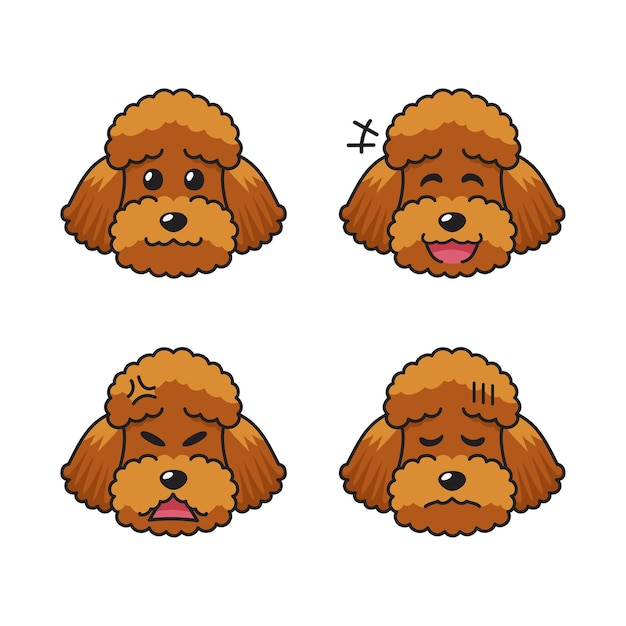 さまざまな感情を示すキャラクターの茶色のプードル犬の顔のセット プレミアムベクター