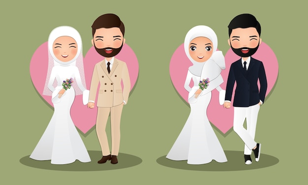 かわいいイスラム教徒の新郎新婦の文字のセット 結婚式の招待カード 愛のカップル漫画のイラスト プレミアムベクター