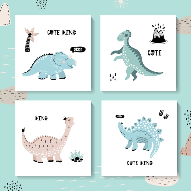 恐竜と子供用カードのセットです かわいい恐竜 プレミアムベクター