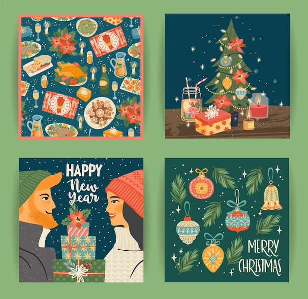 クリスマスと新年あけましておめでとうございますのイラストとクリスマスのシンボルの若い男の子と女の子のセット プレミアムベクター