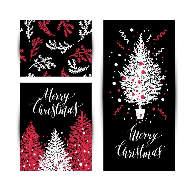 Set of christmas card with tree and seamless\
pattern on black