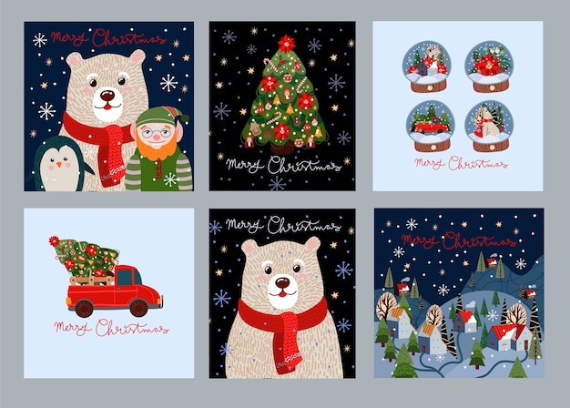 ホッキョクグマ サンタクロース 休日の装飾のシンプルなかわいいイラストとクリスマスカードのセット プレミアムベクター