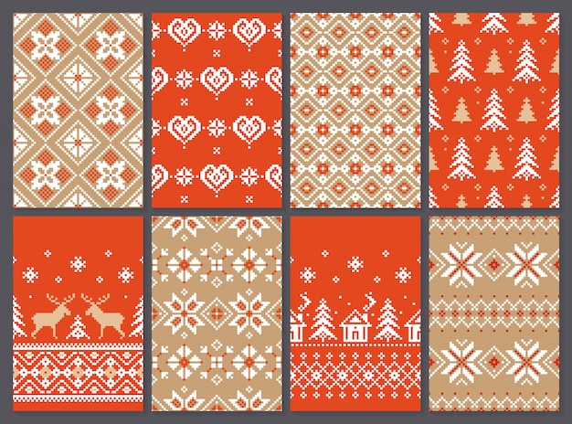 クリスマスのシームレスパターンのセットレトロなスタイルの壁紙の無限のテクスチャ プレミアムベクター