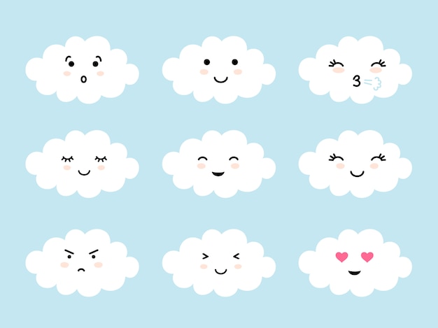 別の気分で雲の形をした絵文字のセット かわいい雲の絵文字と顔の表情 プレミアムベクター