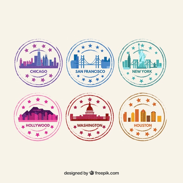 Set of colored city stamps in flat design
