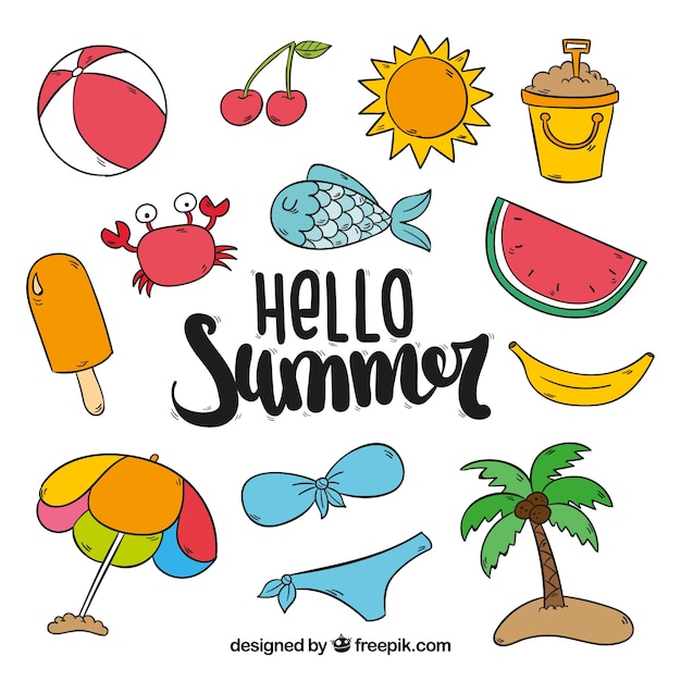 Set of colored summer items in hand-drawn
style