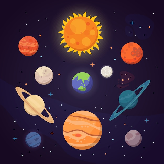 カラフルな明るい惑星のセットです 太陽系 星と宇宙 かわいい漫画のイラスト プレミアムベクター