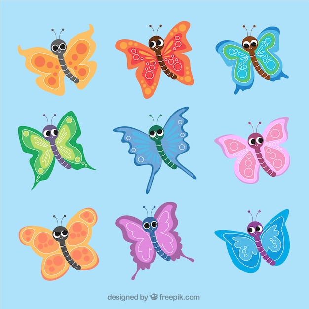 Set of colorful butterflies in childish\
style