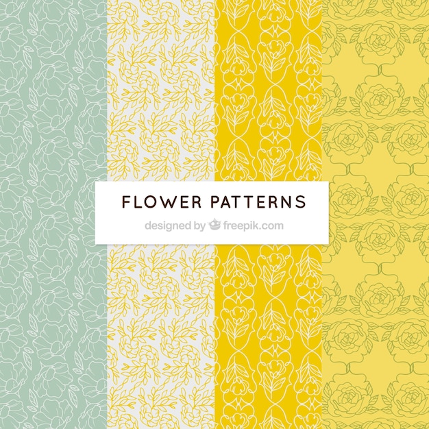 Set of colorful flower patterns in hand drawn\
style