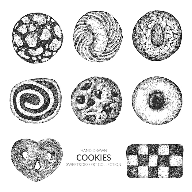 クッキーのセット 手描きのトップビューのビンテージ白黒イラスト プレミアムベクター