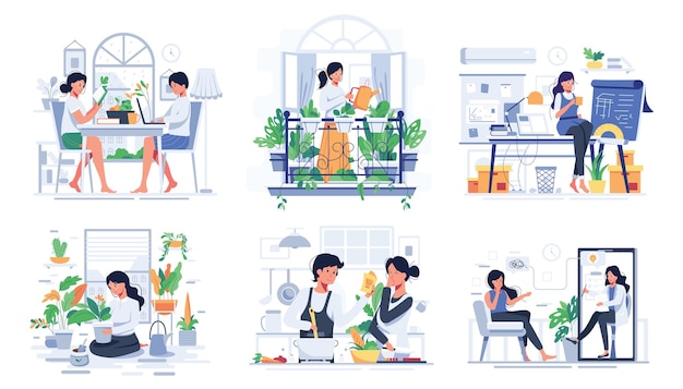 休憩時間 料理 または漫画のキャラクター フラットなイラストの鉢植えの植物の世話をする自宅でのカップルのライフスタイルのセット 無料のベクター